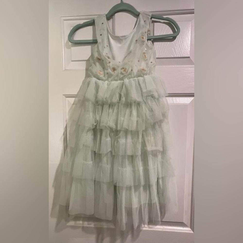 Disney Princess Elegant Mint Green Tiered Kids Dress with flowers